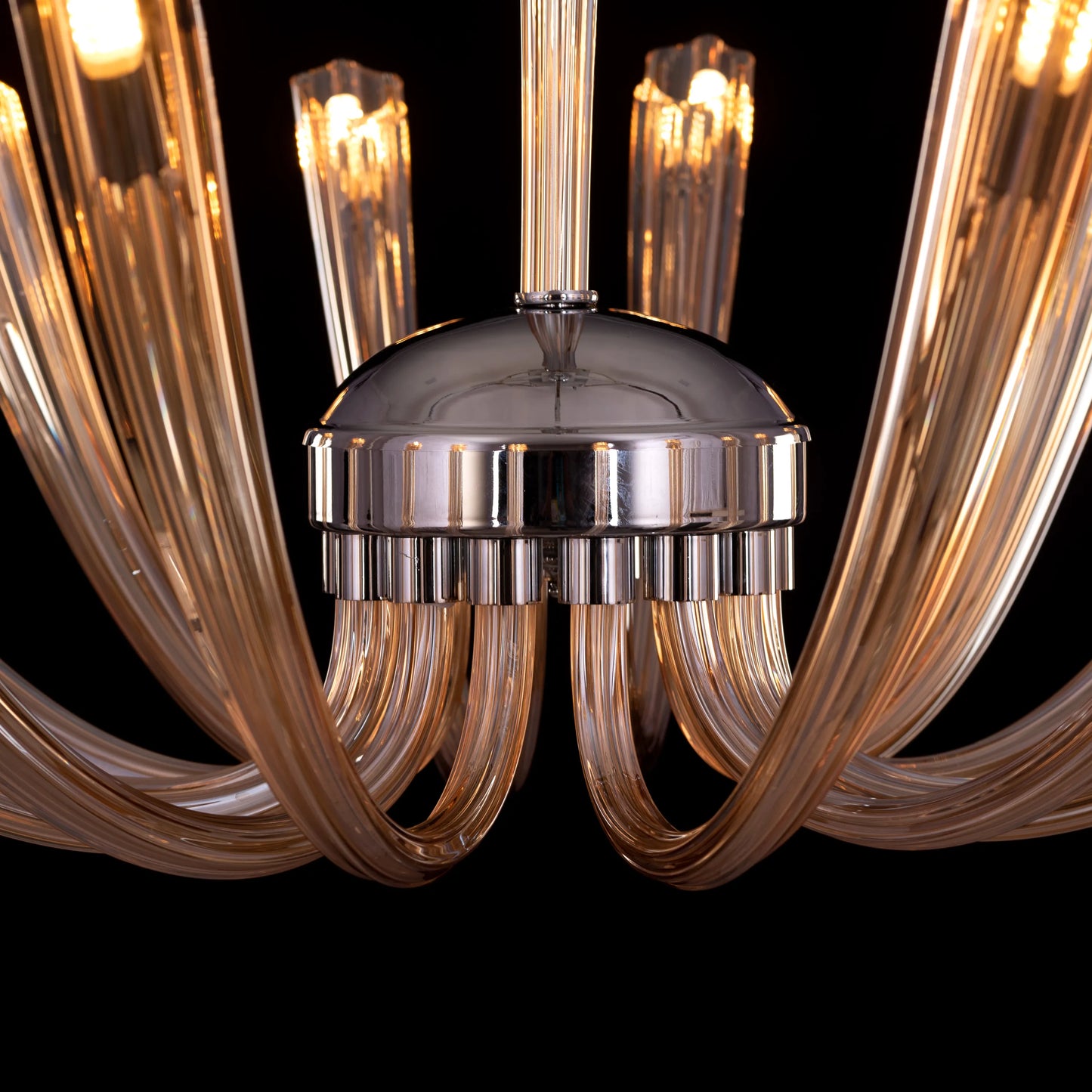 Landslide large brown glass chandelier illuminating a spacious living room with its warm, amber glow