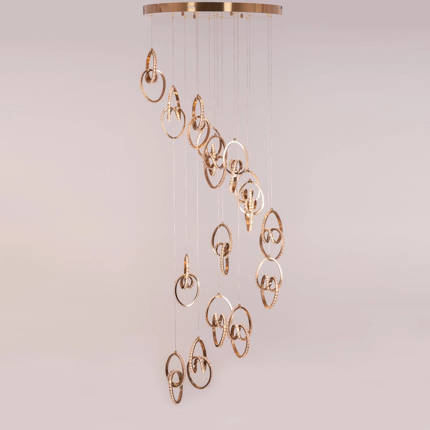 Stunning gold and crystal double-height chandelier with dimmable LED lights