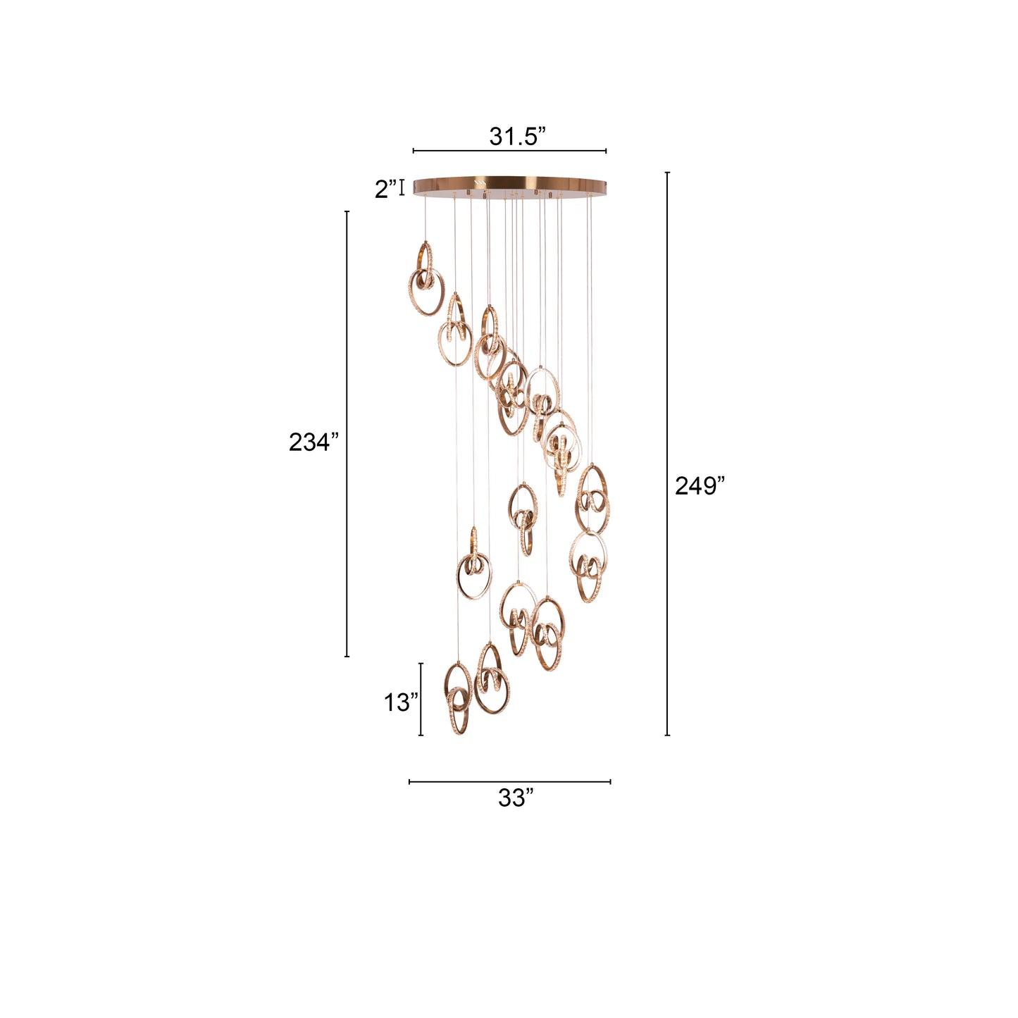 Stunning gold and crystal double-height chandelier with dimmable LED lights