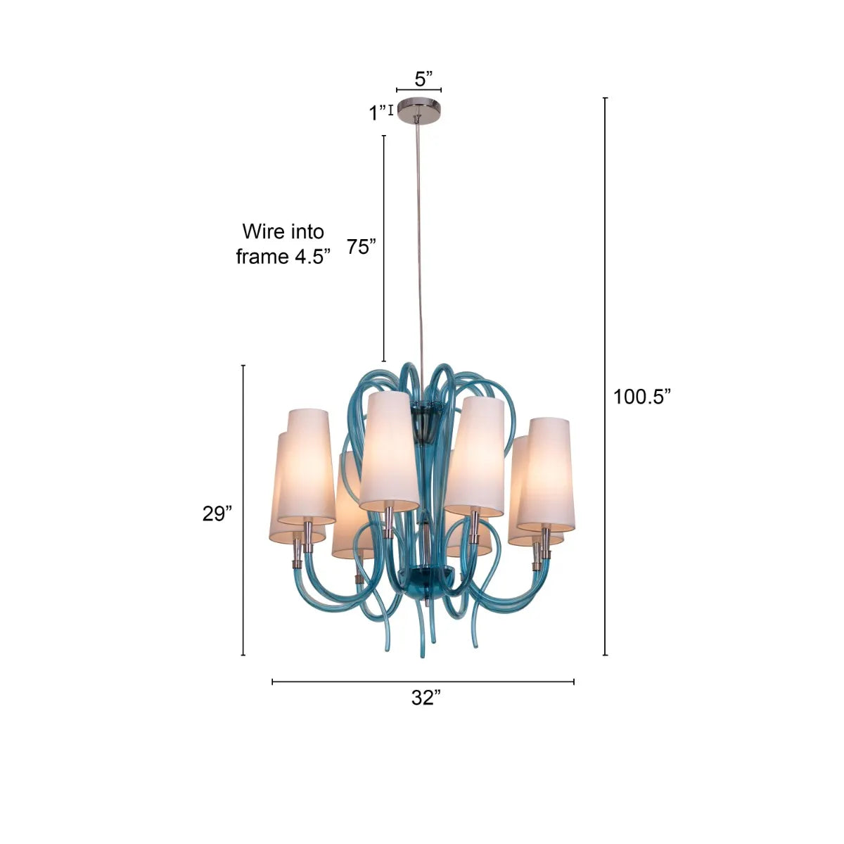 Lunch In London blue and white glass chandelier illuminating an elegant dining room