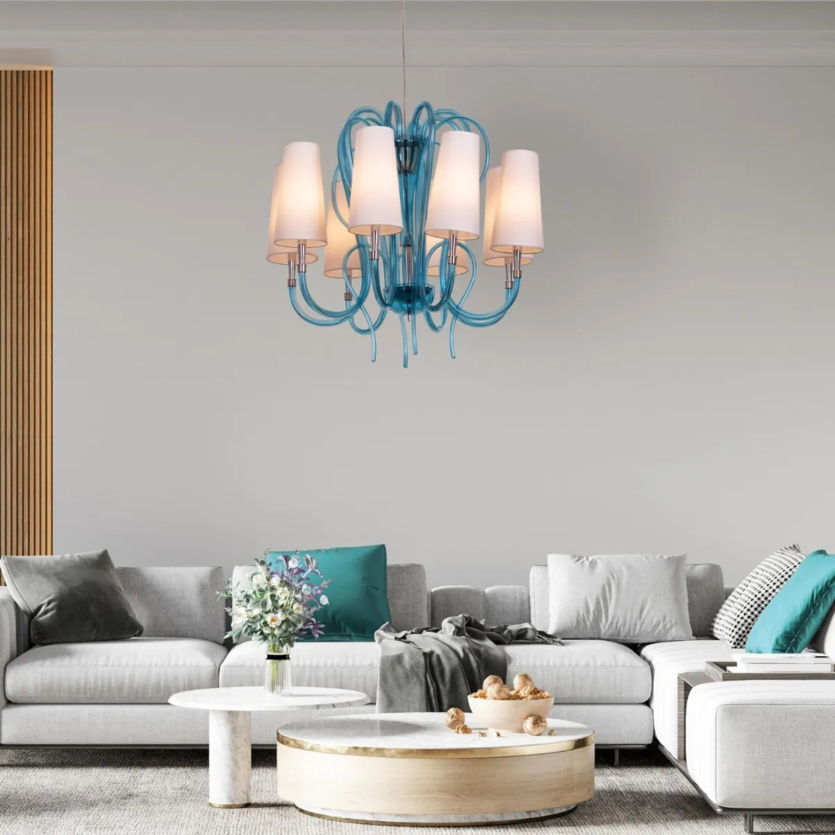 Lunch In London blue and white glass chandelier illuminating an elegant dining room