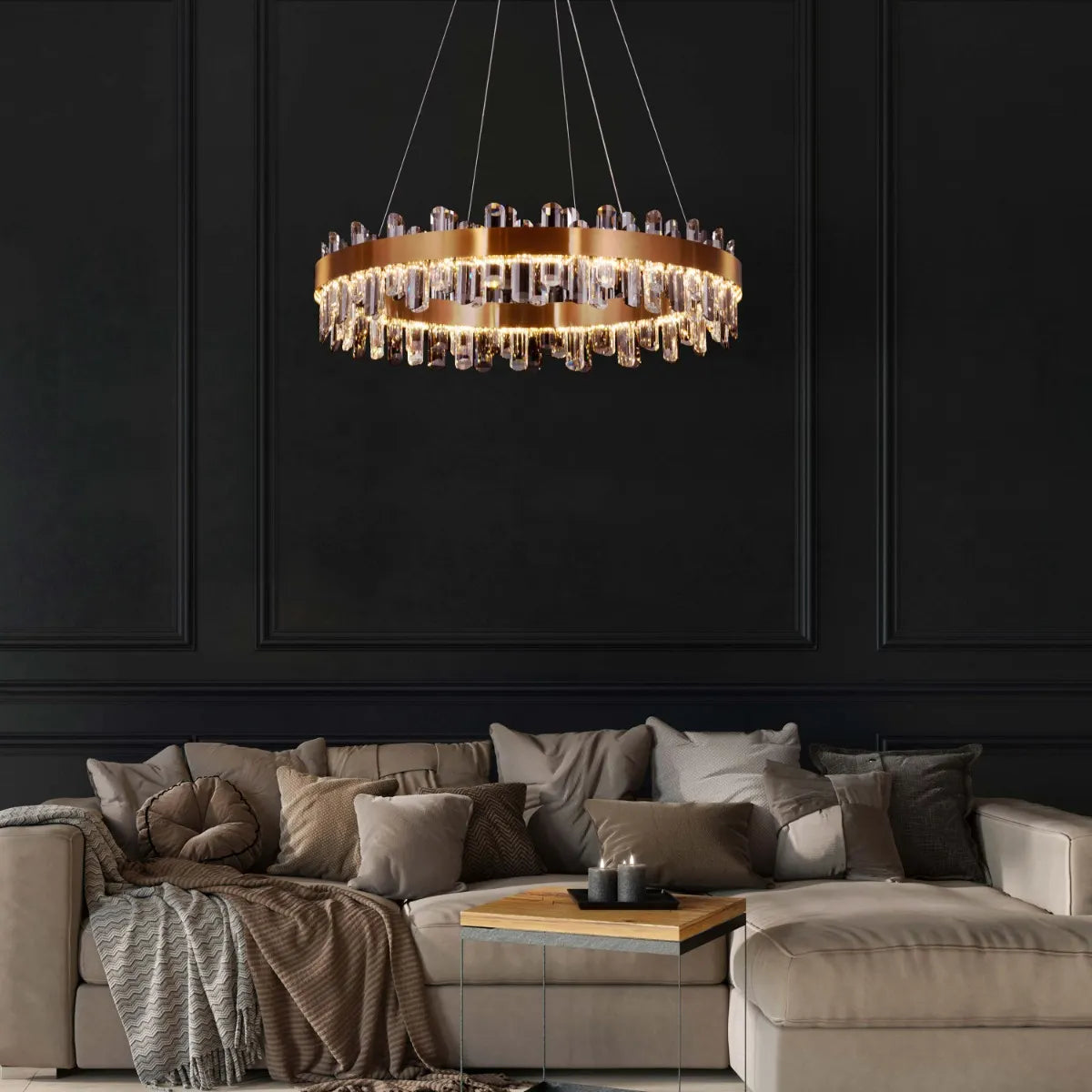 Large gold Start From Scratch round crystal chandelier illuminating a luxurious living room