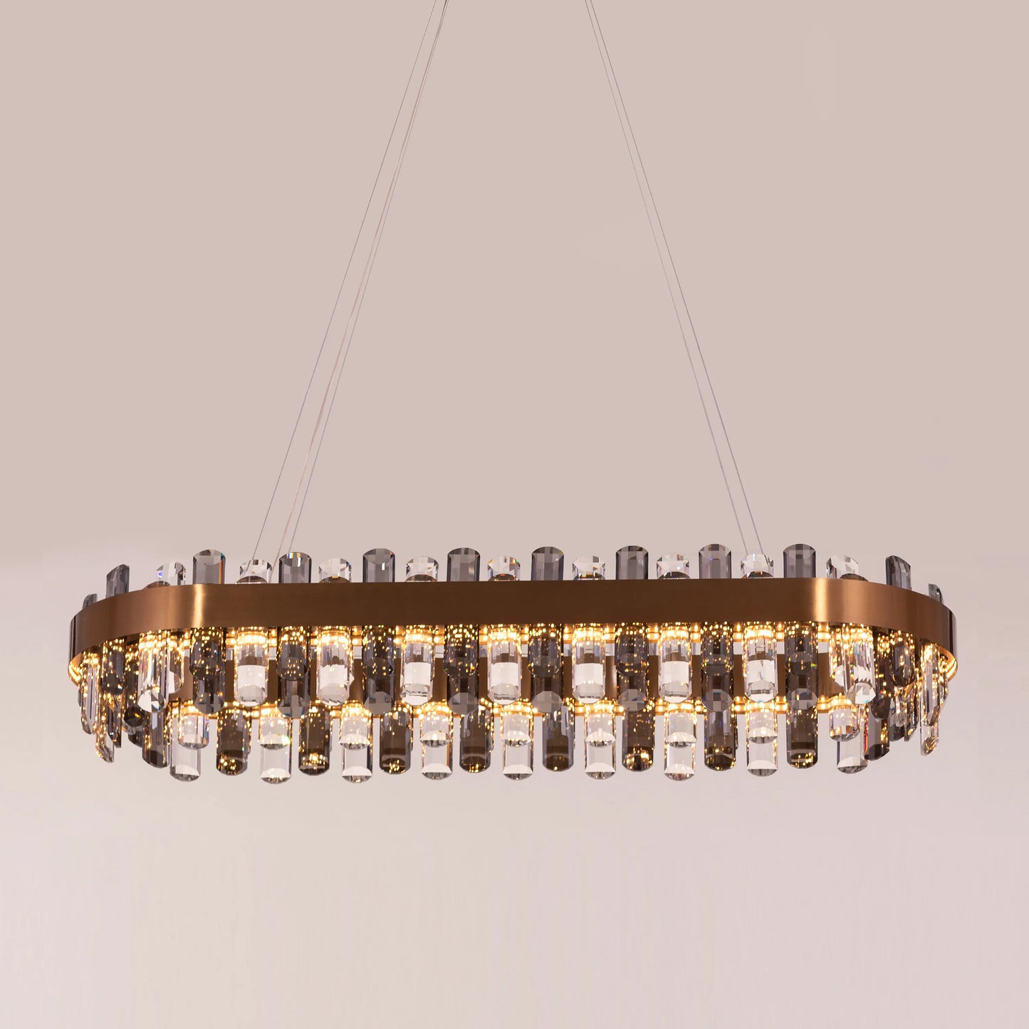 Luxurious gold-finished oval crystal chandelier with dimmable LED lighting