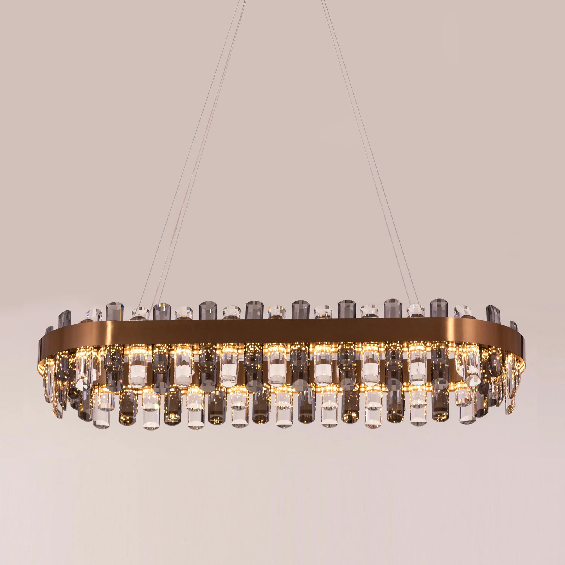 Luxurious gold-finished oval crystal chandelier with dimmable LED lighting