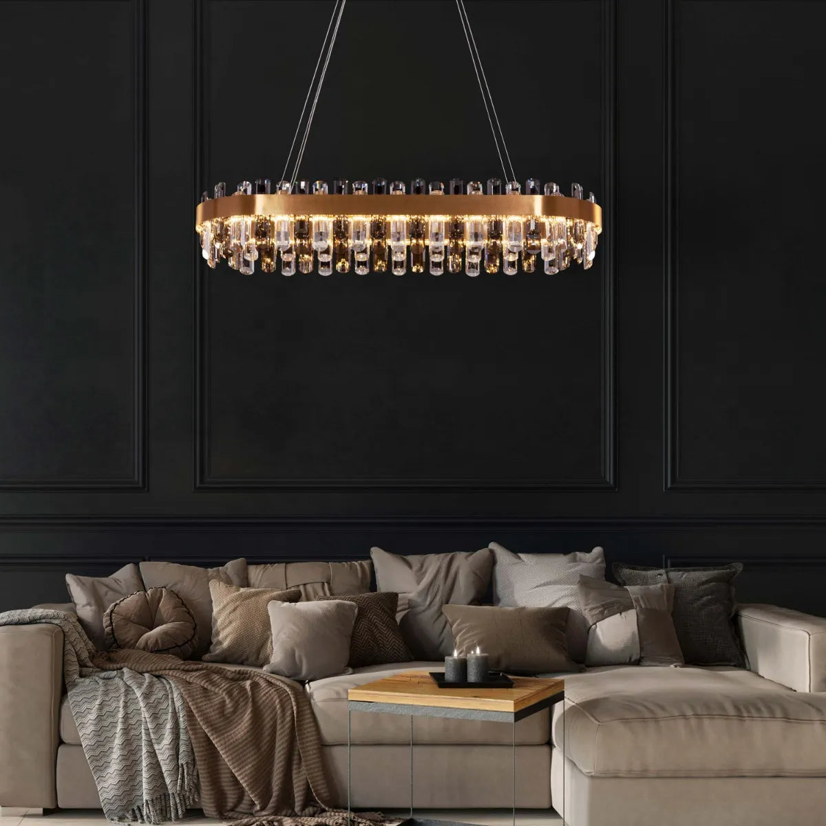 Luxurious gold-finished oval crystal chandelier with dimmable LED lighting