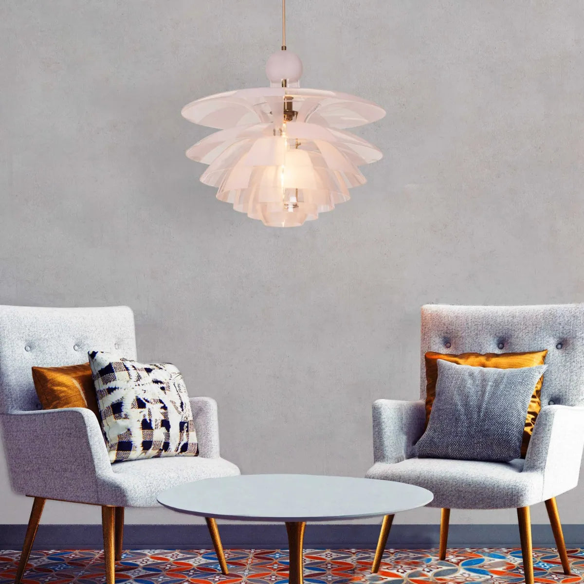 A striking pendant light named 'Find Your Truth,' featuring a unique geometric design that combines metal and glass elements. The fixture has a polished finish that reflects light beautifully, creating a captivating visual effect. Its modern aesthetic and artistic shape serve as a statement piece, adding elegance and intrigue to any room.
