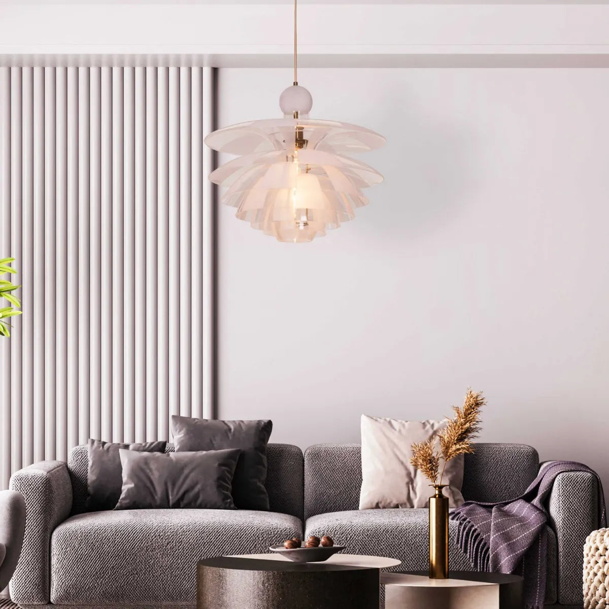 A striking pendant light named 'Find Your Truth,' featuring a unique geometric design that combines metal and glass elements. The fixture has a polished finish that reflects light beautifully, creating a captivating visual effect. Its modern aesthetic and artistic shape serve as a statement piece, adding elegance and intrigue to any room.