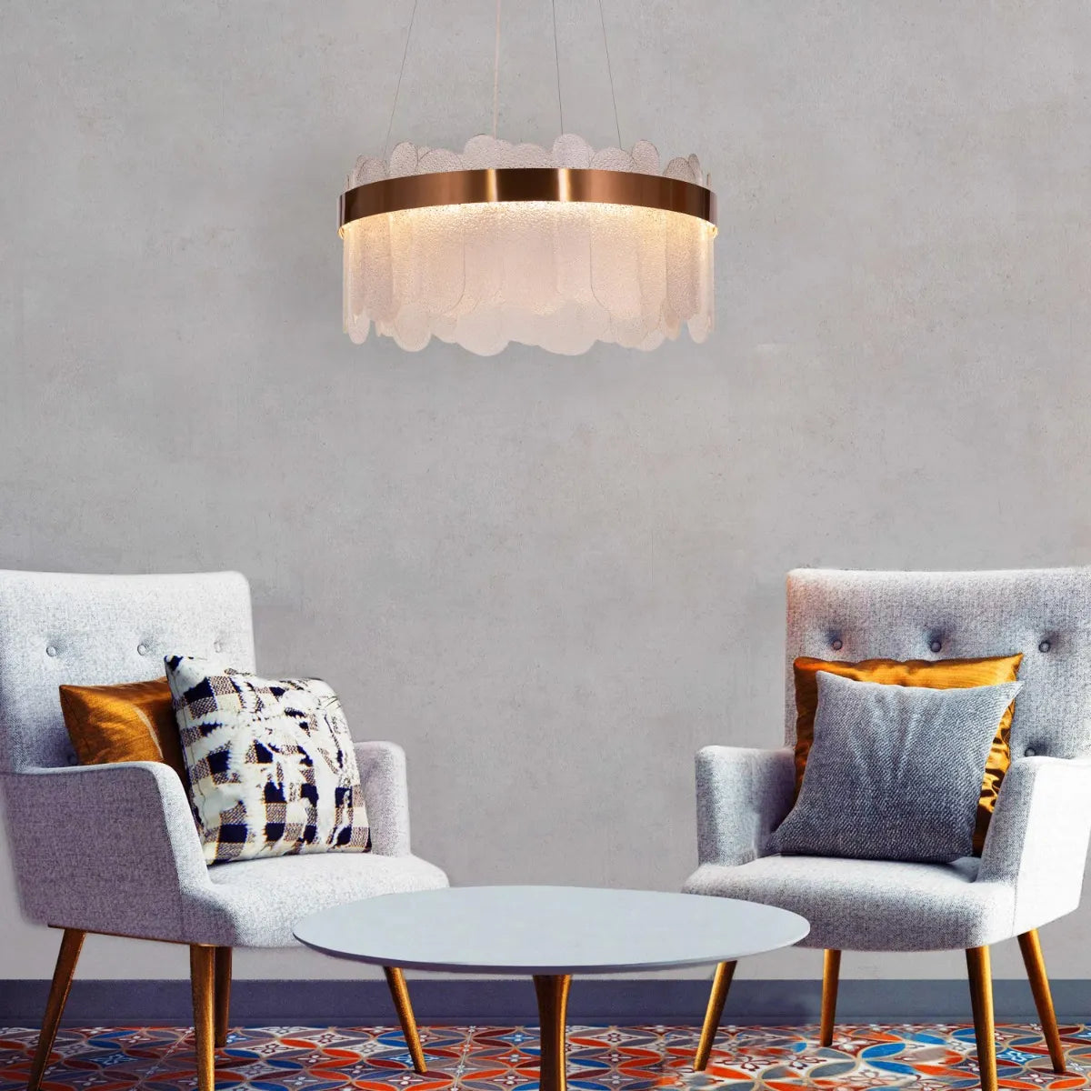 Join The Party Round Glass Chandelier hanging in a modern dining room.