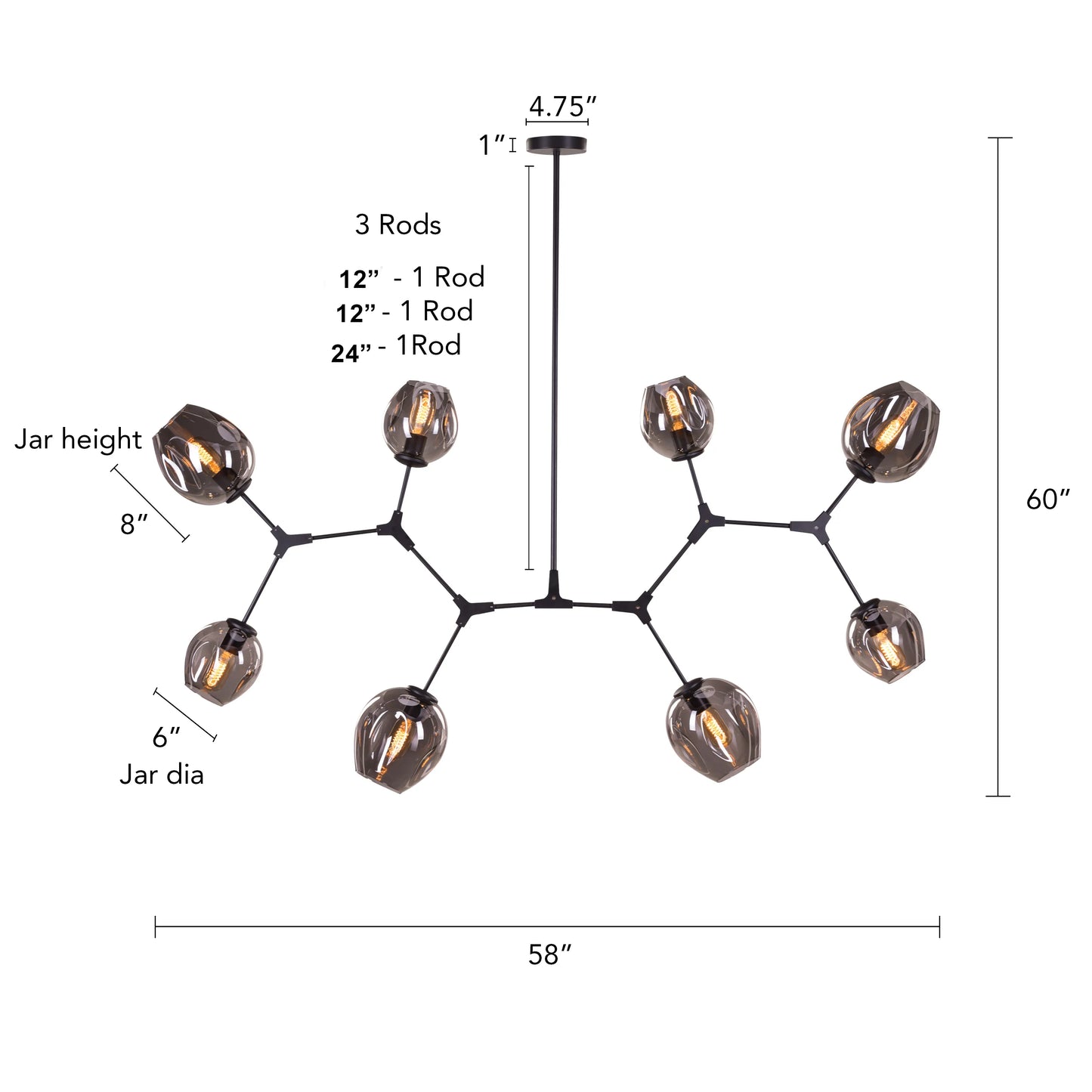 Games People Play (Large, Black, Smokey Grey) Glass Chandelier illuminating a stylish dining room