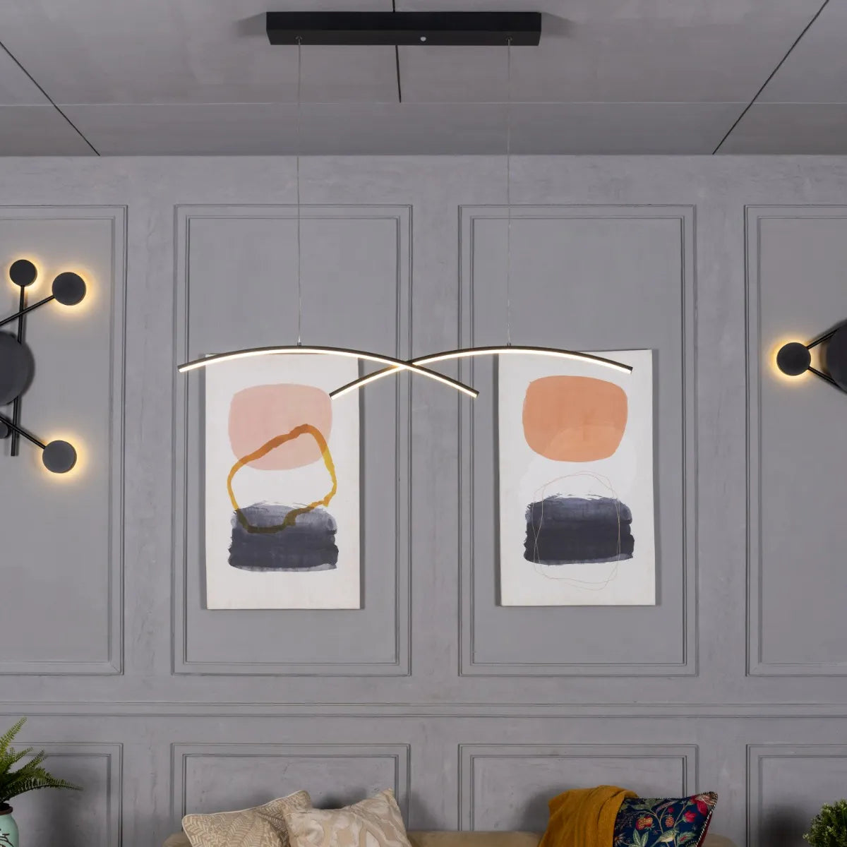 Large black Half Mast chandelier with sleek design and dimmable LED lights