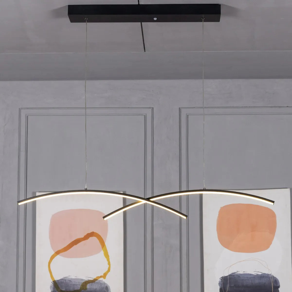 Large black Half Mast chandelier with sleek design and dimmable LED lights