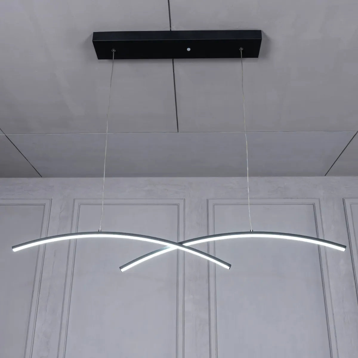 Large black Half Mast chandelier with sleek design and dimmable LED lights