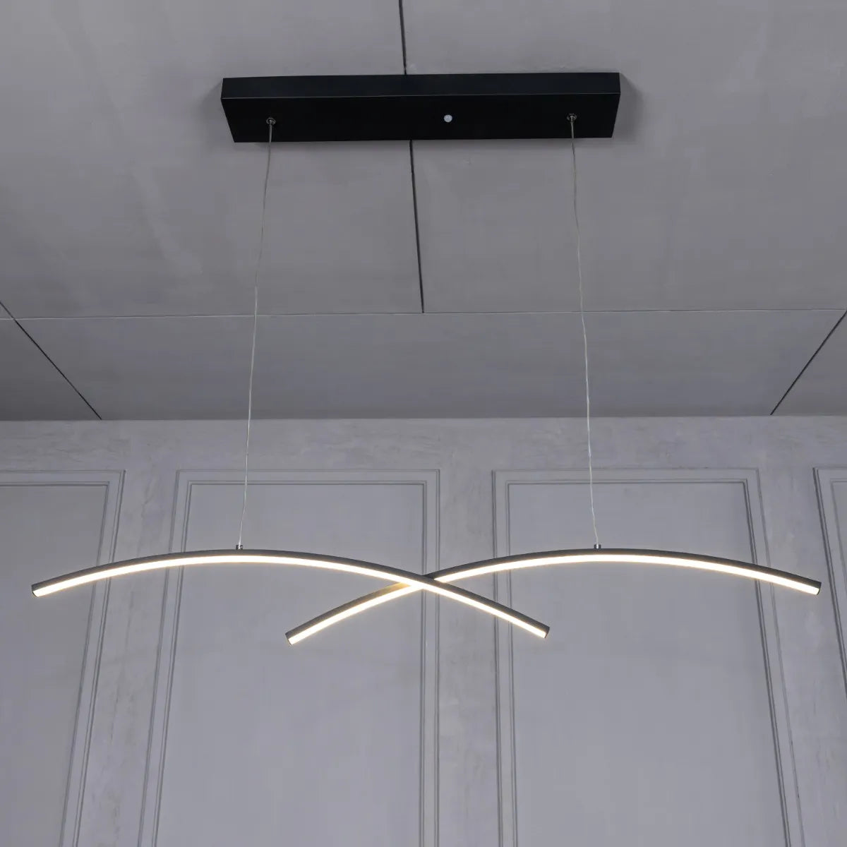 Large black Half Mast chandelier with sleek design and dimmable LED lights