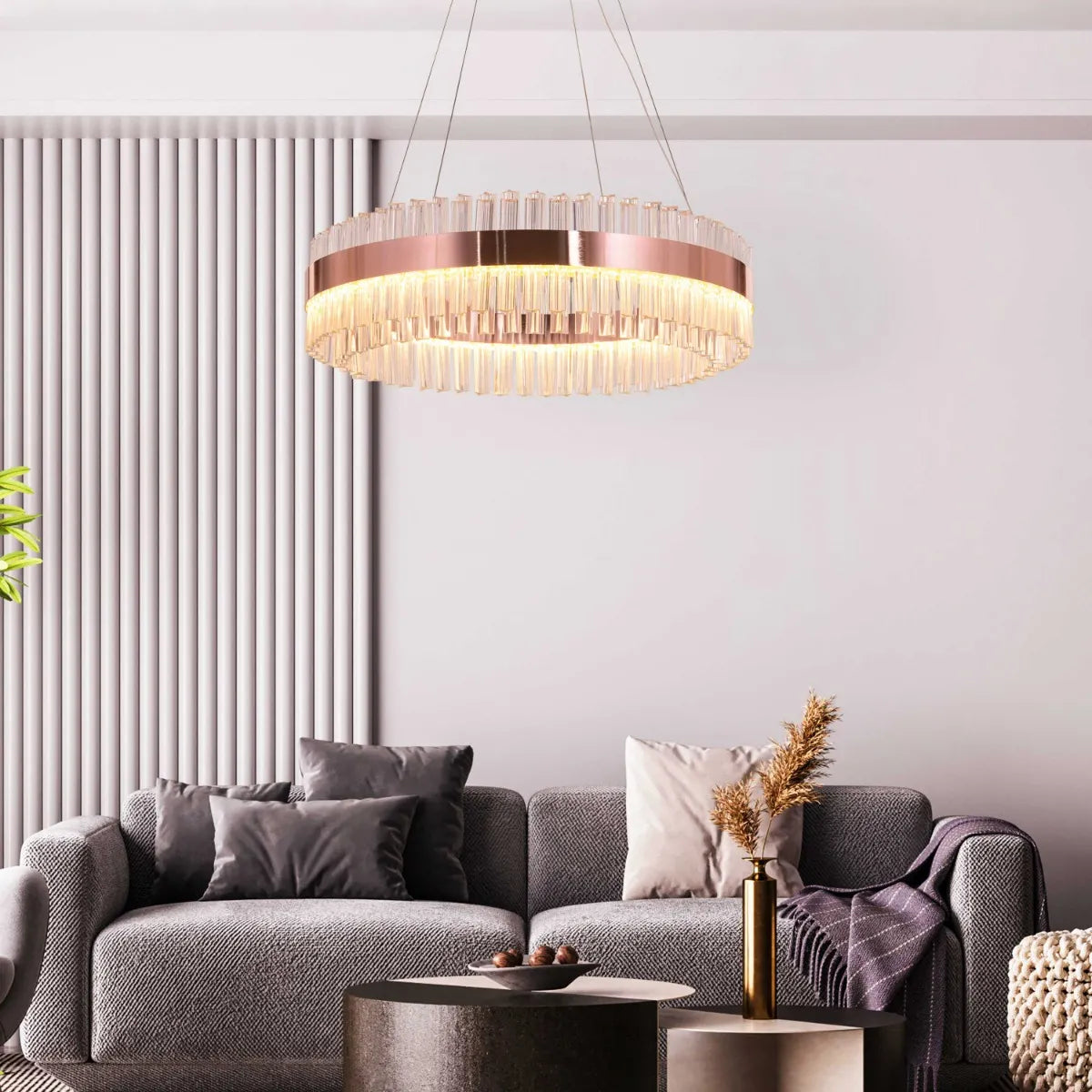 Lighting Up Lisbon Crystal Chandelier illuminating a stylish dining room.