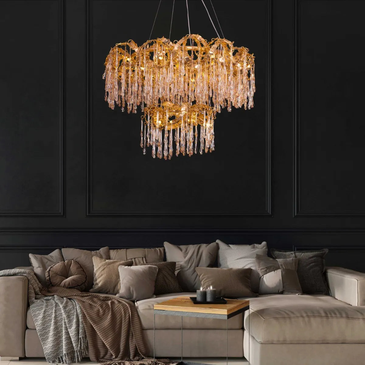 Medium-sized amber crystal chandelier with two layers resembling a golden galaxy