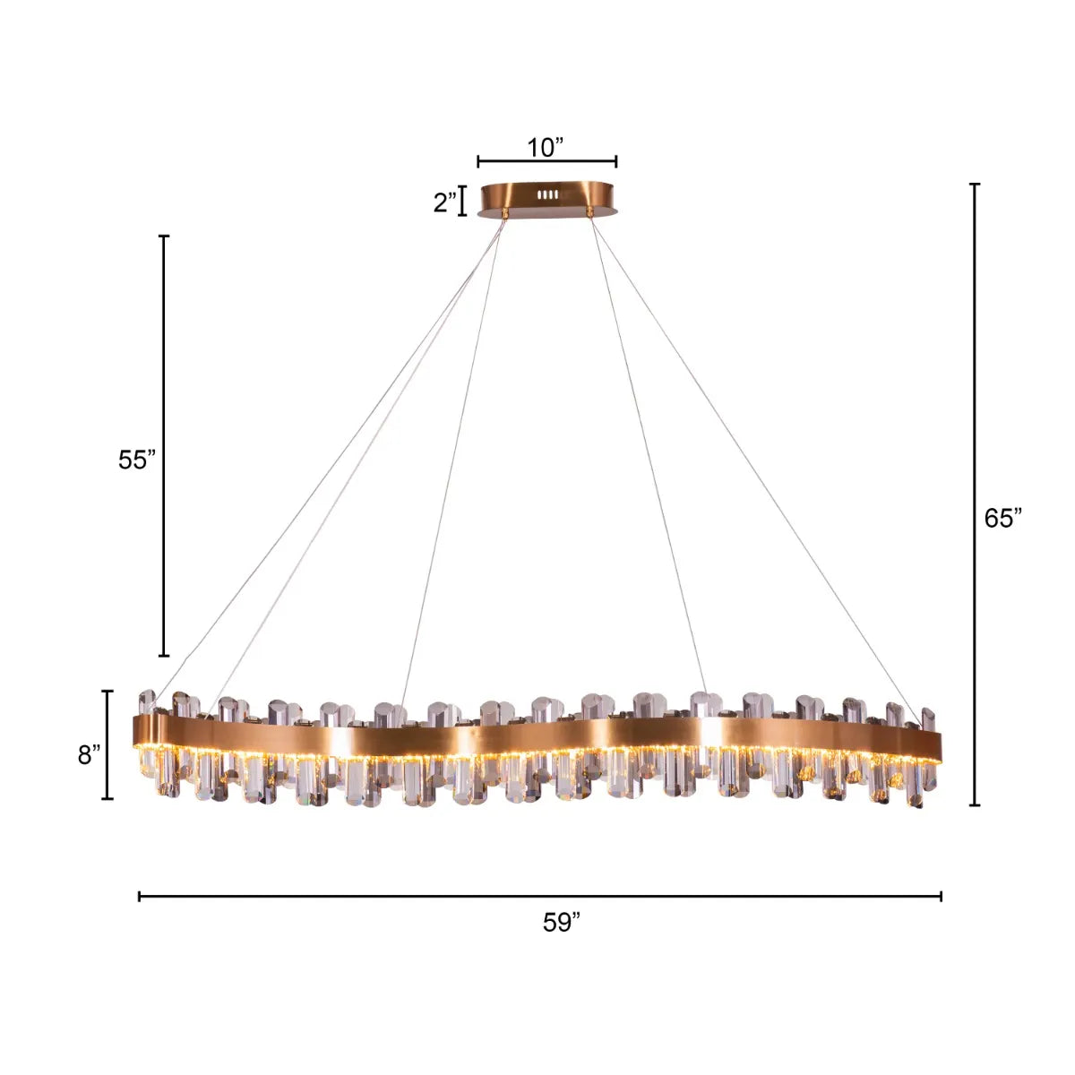 Start From Scratch long crystal chandelier illuminating a grand, open-concept living space