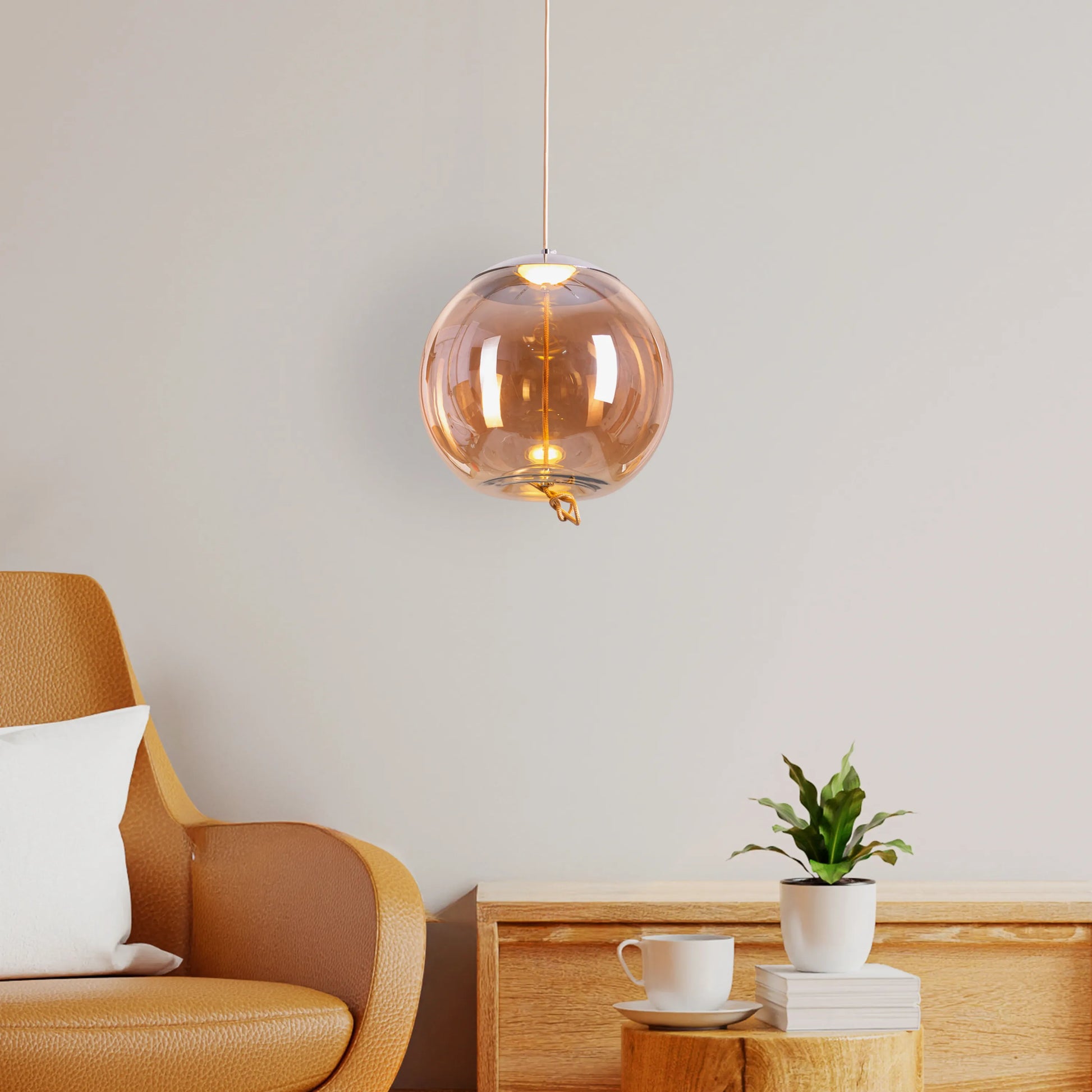 Sophisticated Motivation Pendant Light Featuring Beautiful Amber Glass and Smart Built-In LED