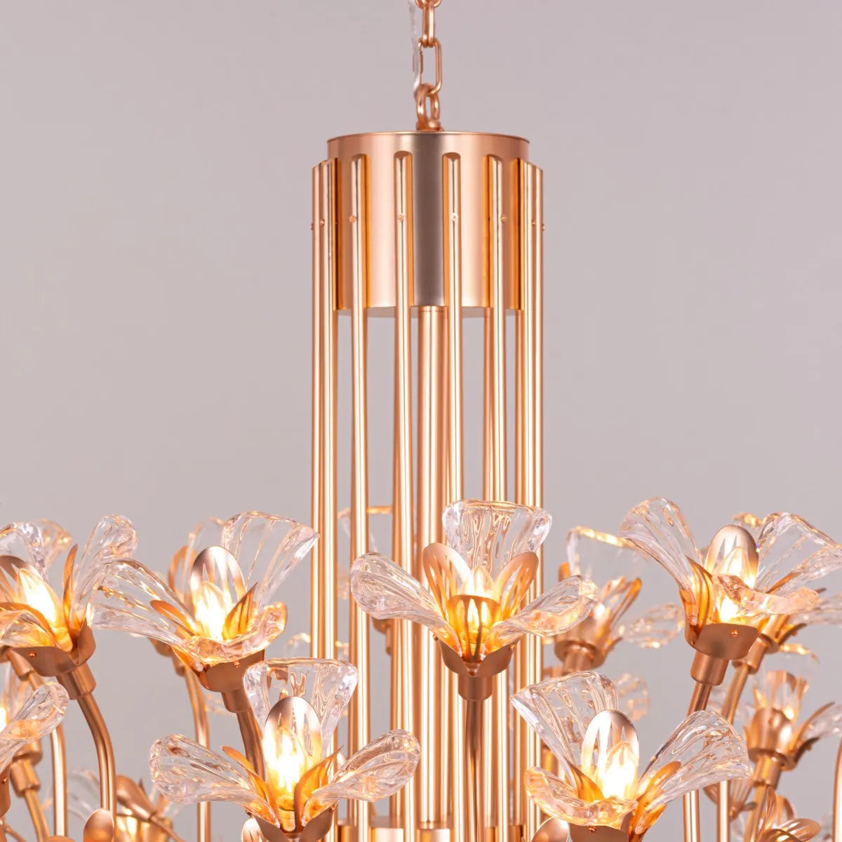 Large gold crystal chandelier with multiple tiers of luxurious sparkle