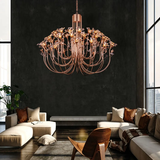 Large gold crystal chandelier with multiple tiers of luxurious sparkle