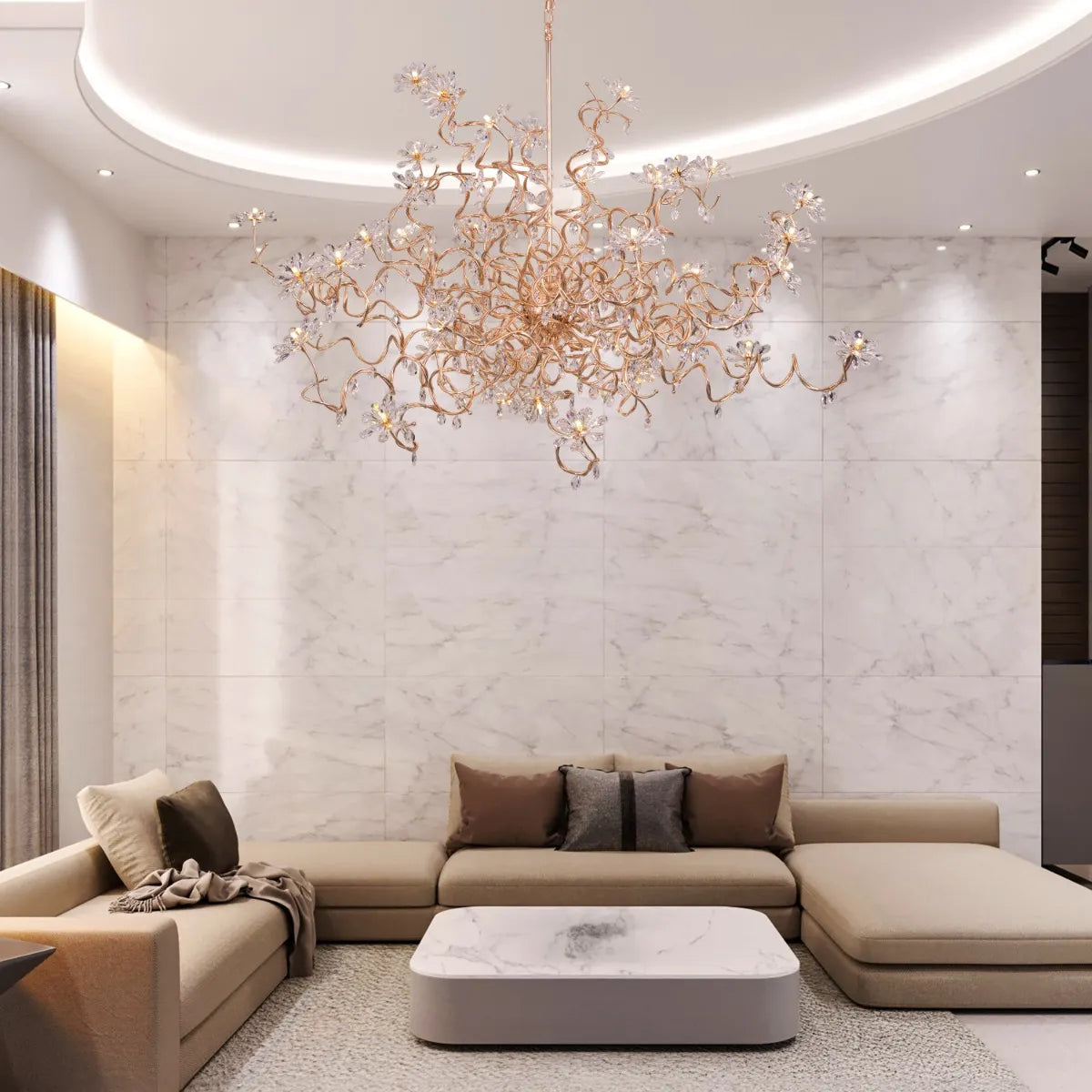 Large gold crystal chandelier with multiple tiers of cascading crystals