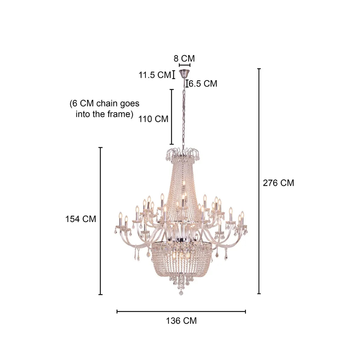 Large chrome crystal chandelier with letter-shaped elements, hanging in a luxurious living room