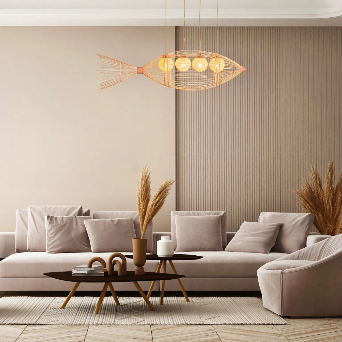 Great Escape large bamboo chandelier suspended in a spacious living room