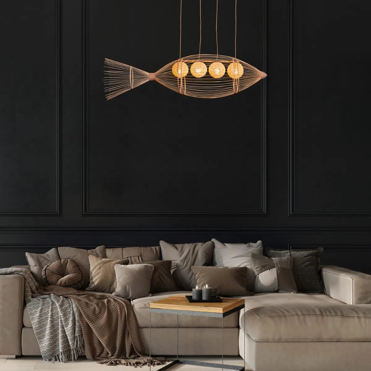 Great Escape large bamboo chandelier suspended in a spacious living room