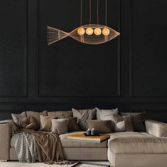 Great Escape large bamboo chandelier suspended in a spacious living room