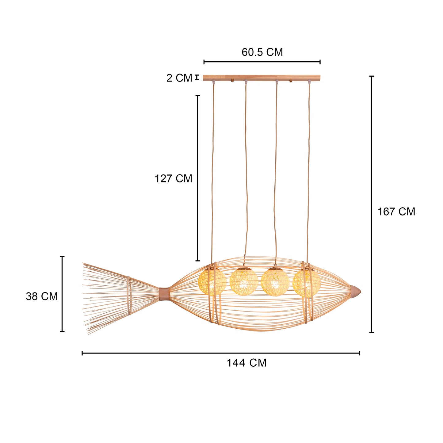 Great Escape large bamboo chandelier suspended in a spacious living room