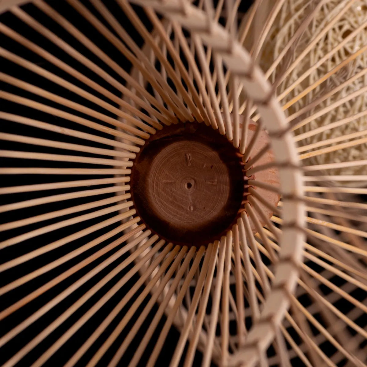 Great Escape large bamboo chandelier suspended in a spacious living room
