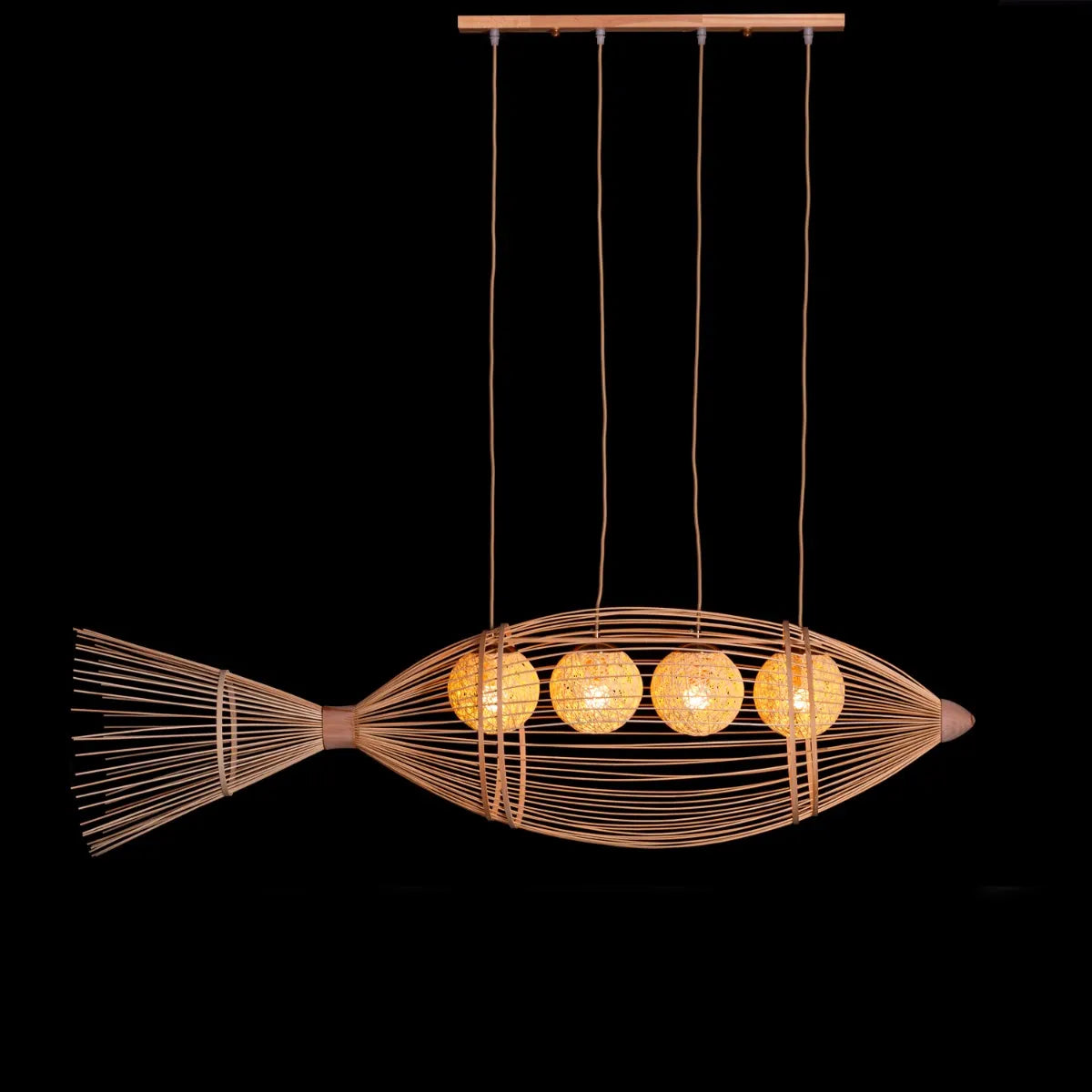 Great Escape large bamboo chandelier suspended in a spacious living room