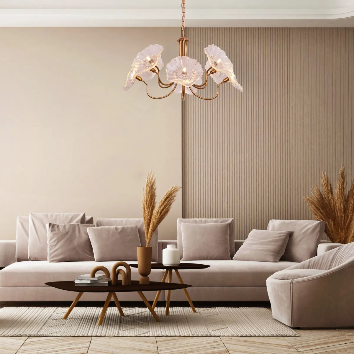 Late For Reality large gold chandelier with glass elements.