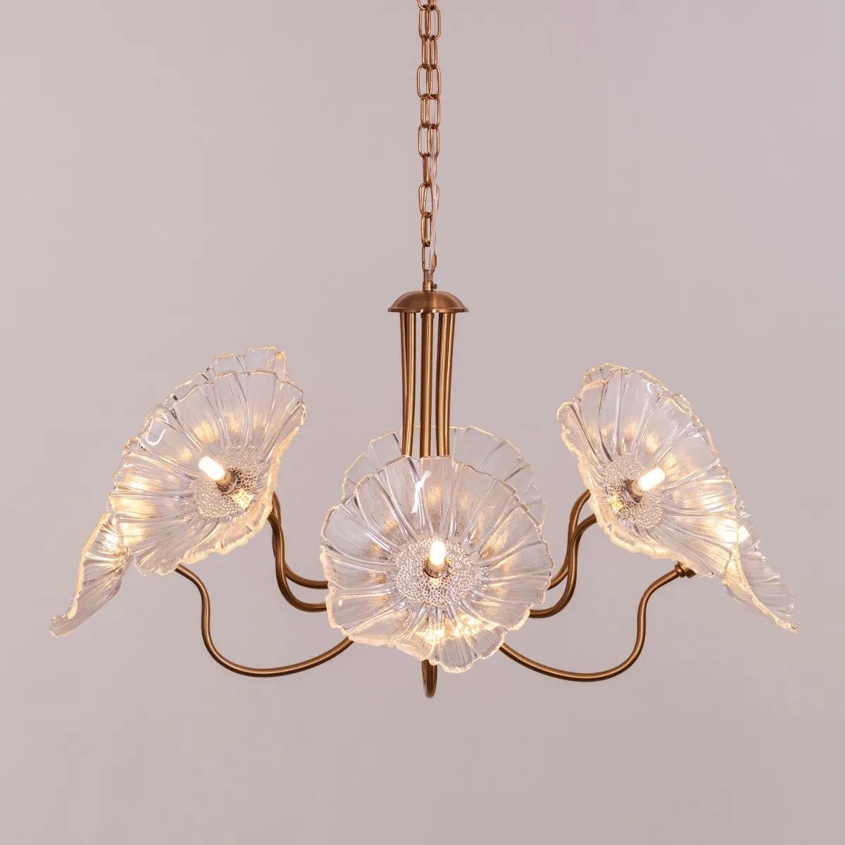 Late For Reality large gold chandelier with glass elements.