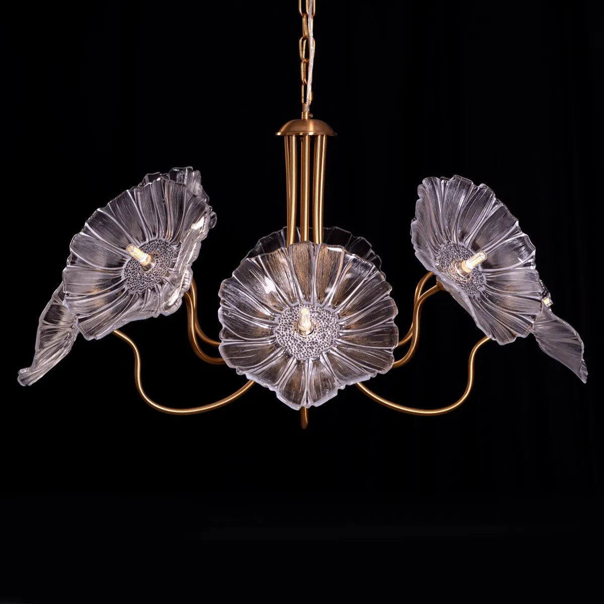 Late For Reality large gold chandelier with glass elements.