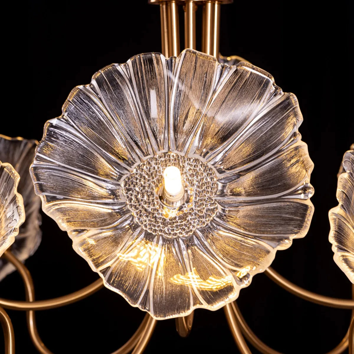 Late For Reality large gold chandelier with glass elements.