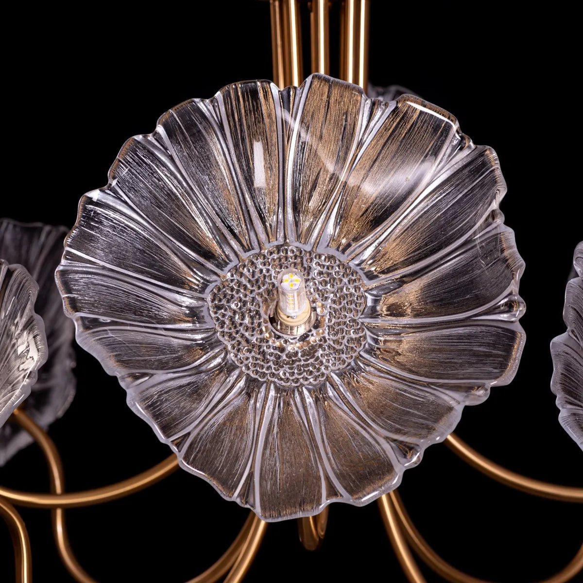 Late For Reality large gold chandelier with glass elements.