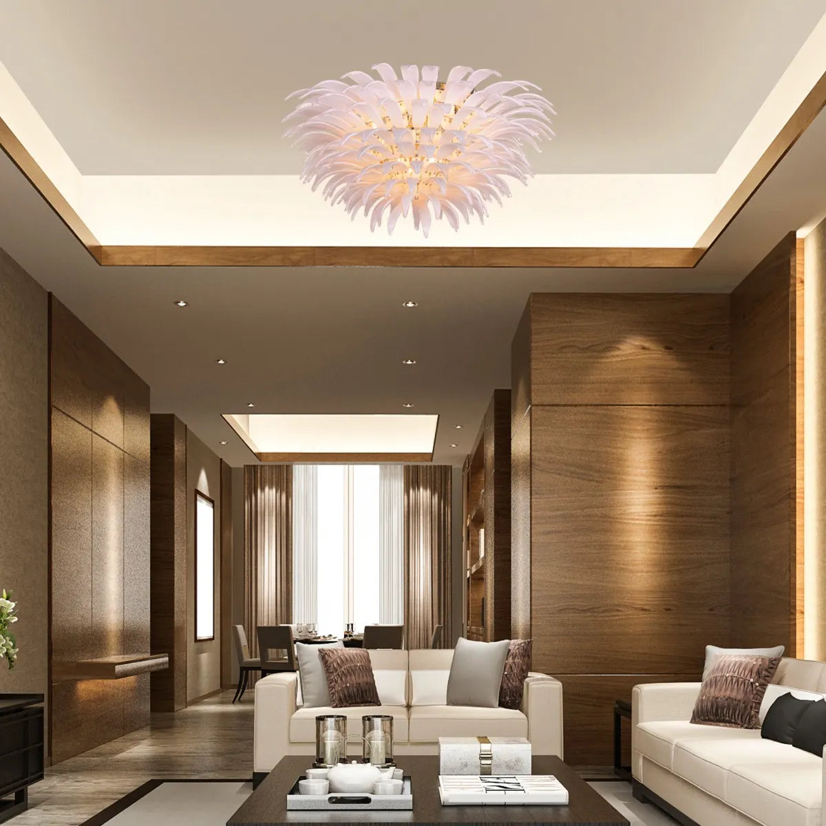 One More Try large chandelier with gold frame and white tinted glass panels illuminating a modern living room