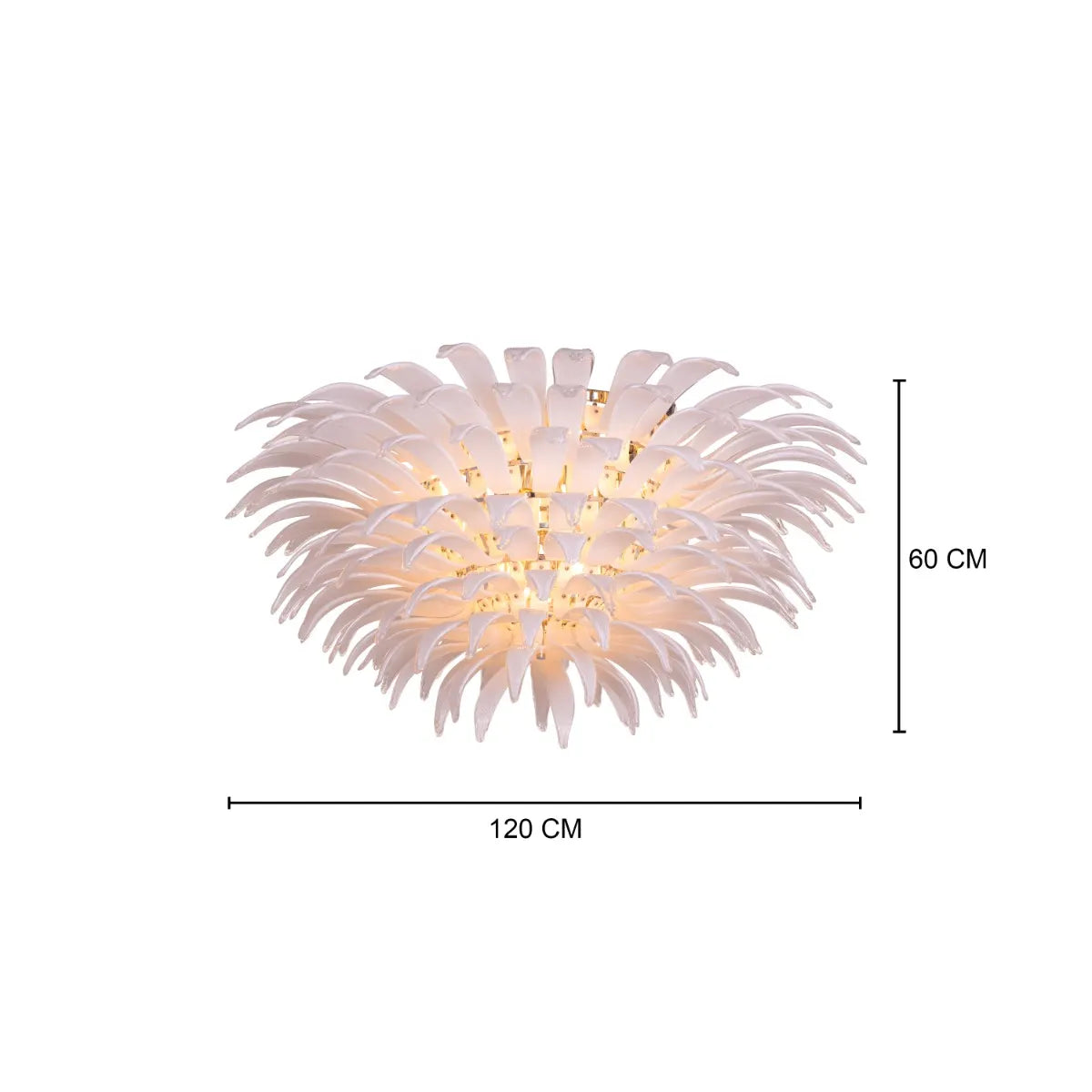 One More Try large chandelier with gold frame and white tinted glass panels illuminating a modern living room