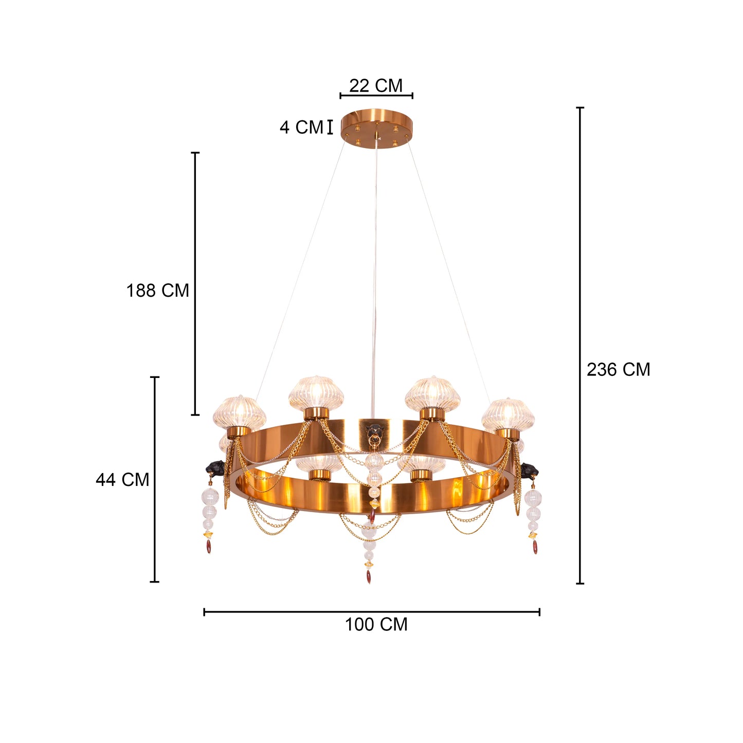Large "Heart Is Beating" gold and clear glass chandelier, illuminated and suspended in a spacious, elegant room.