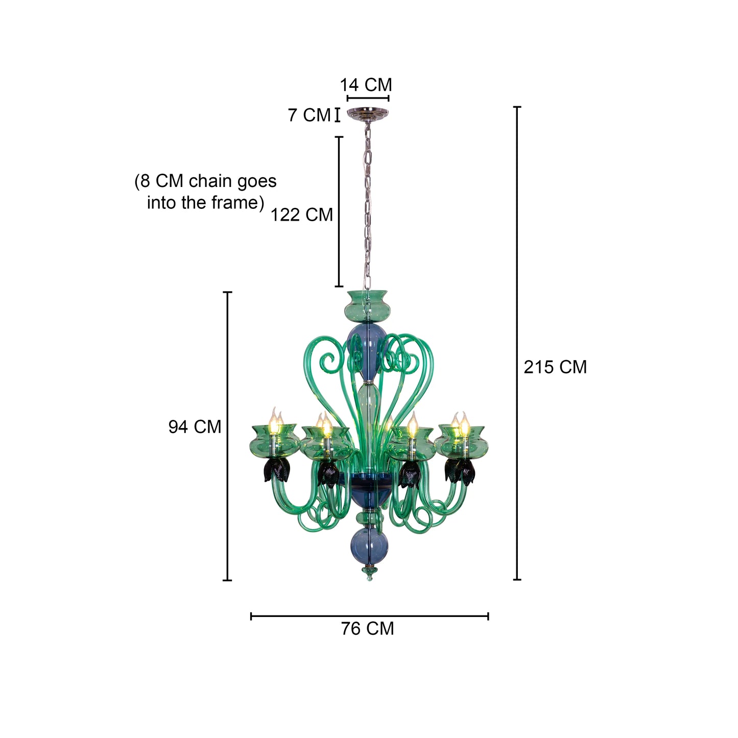 Kind To The Mind large green and blue clear glass chandelier illuminating a peaceful yoga studio