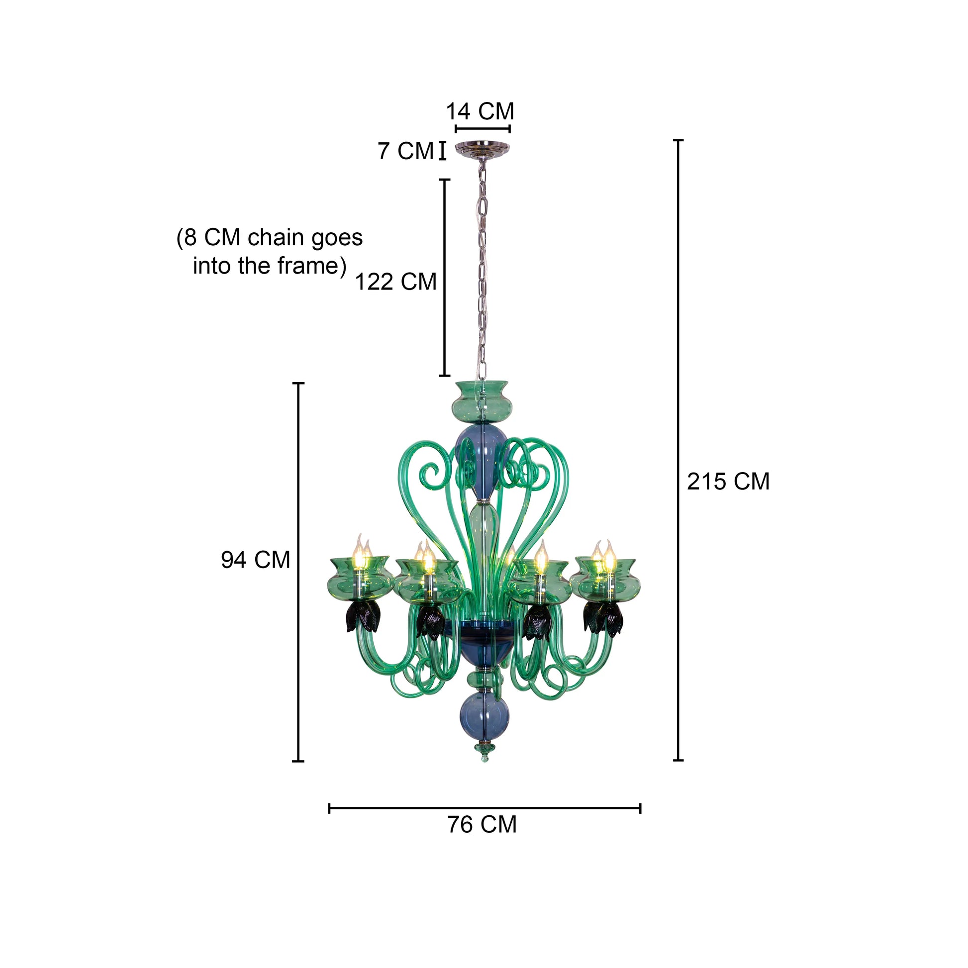 Kind To The Mind large green and blue clear glass chandelier illuminating a peaceful yoga studio