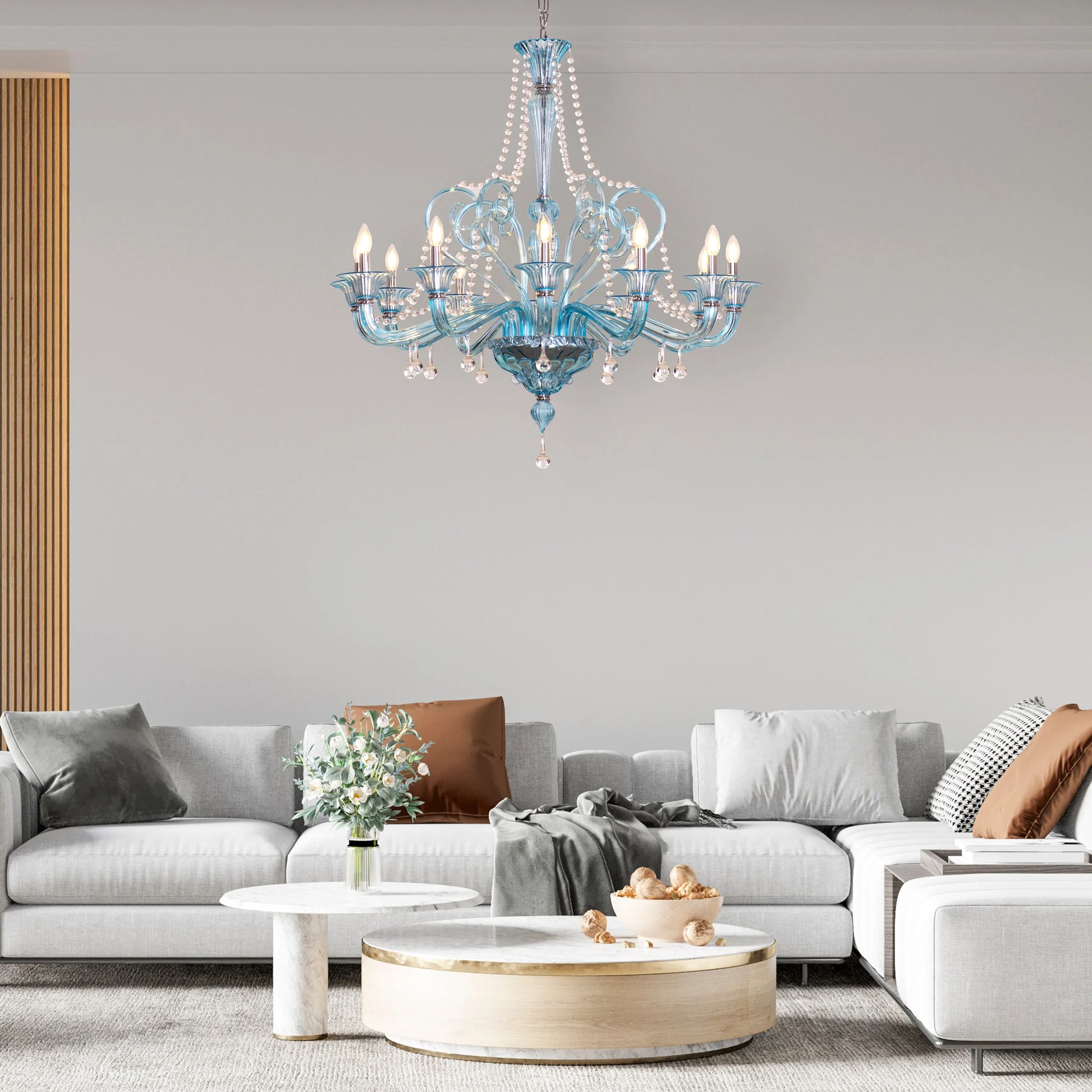 Grecian Glamour large blue textured glass chandelier illuminating a luxurious living room