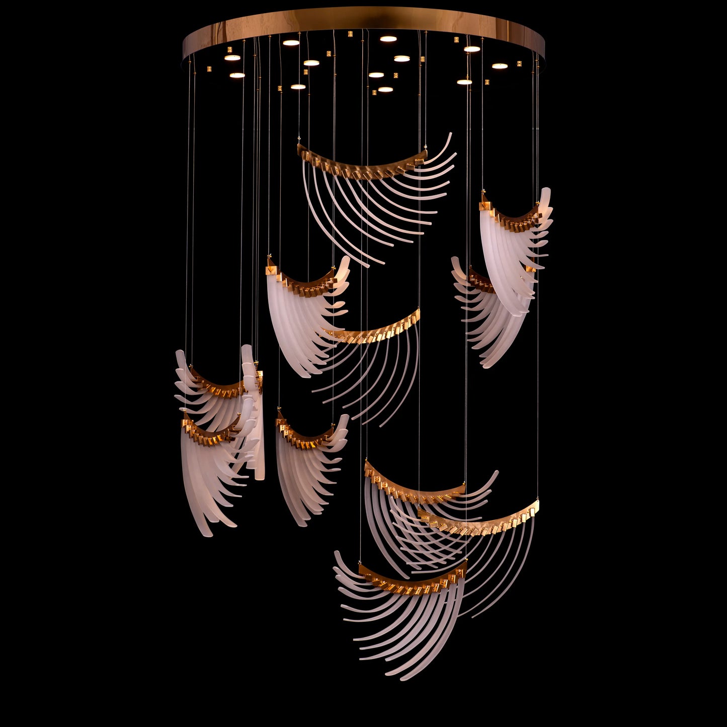 Large gold and white Chefs Kiss chandelier with frosted glass, hanging in a spacious living room