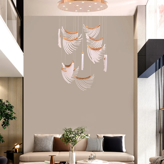 Large gold and white Chefs Kiss chandelier with frosted glass, hanging in a spacious living room