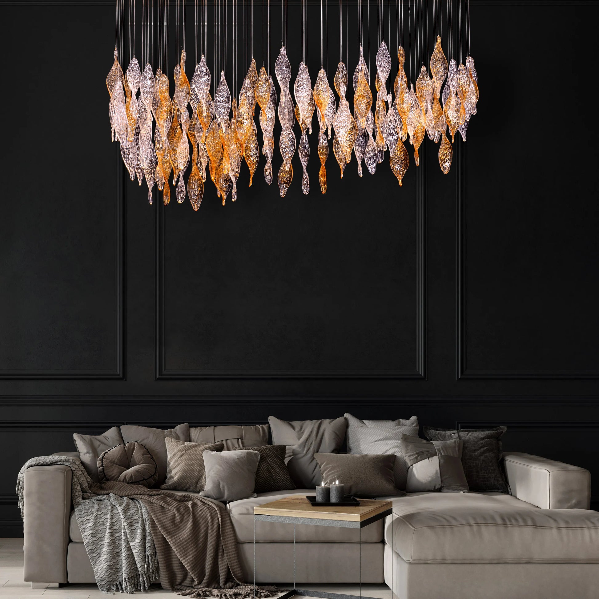 Lazy Sunday double height gold chandelier with textured glass in a grand foyer