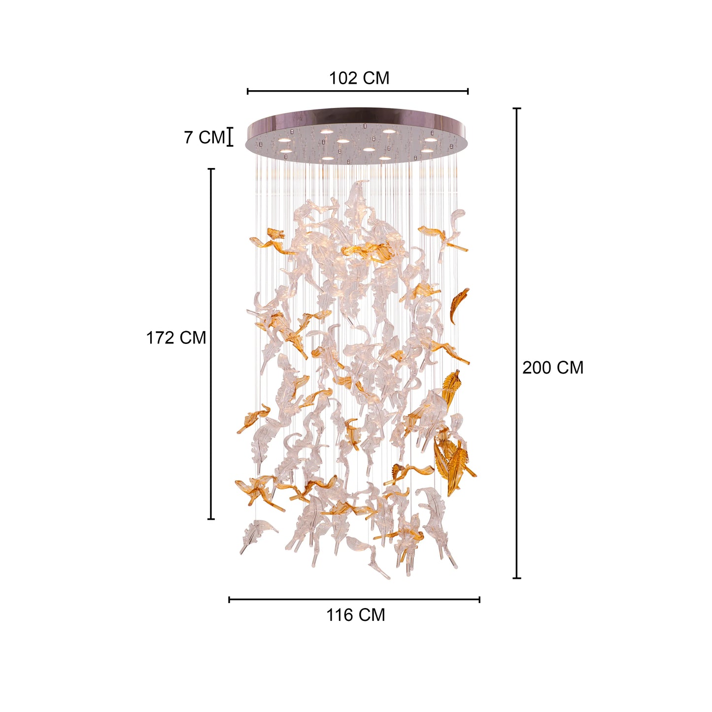 Sleek chrome and textured glass double-height chandelier with LED lighting