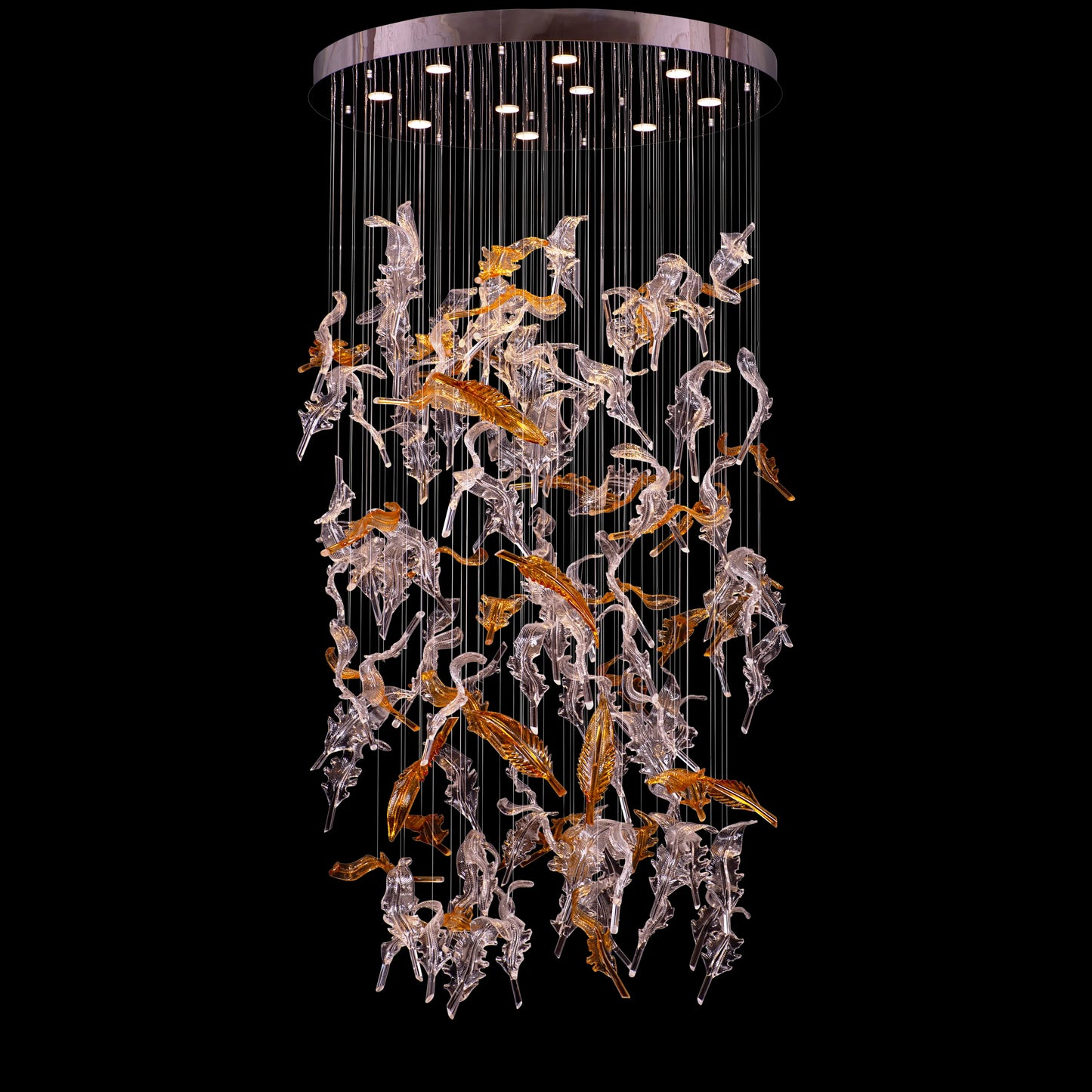 Sleek chrome and textured glass double-height chandelier with LED lighting