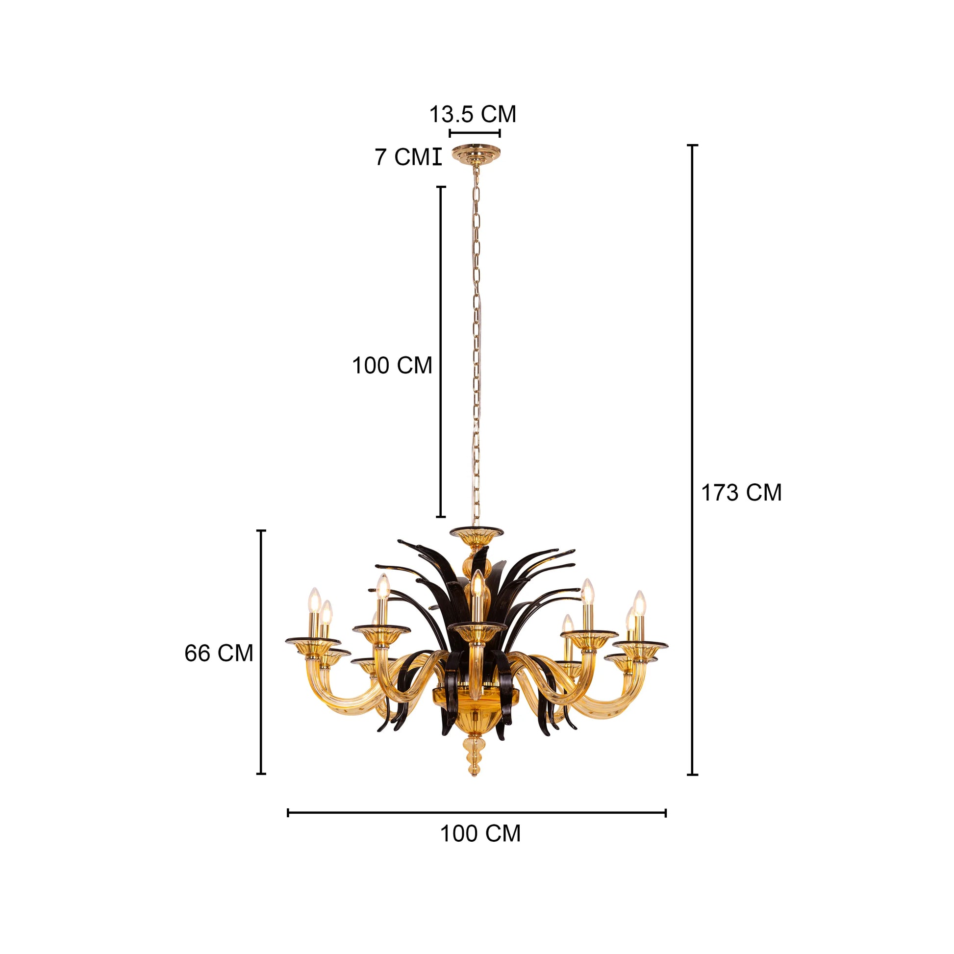 Large "Melodrama" chandelier with amber textured glass and black metal frame, dramatically illuminated in a spacious room.