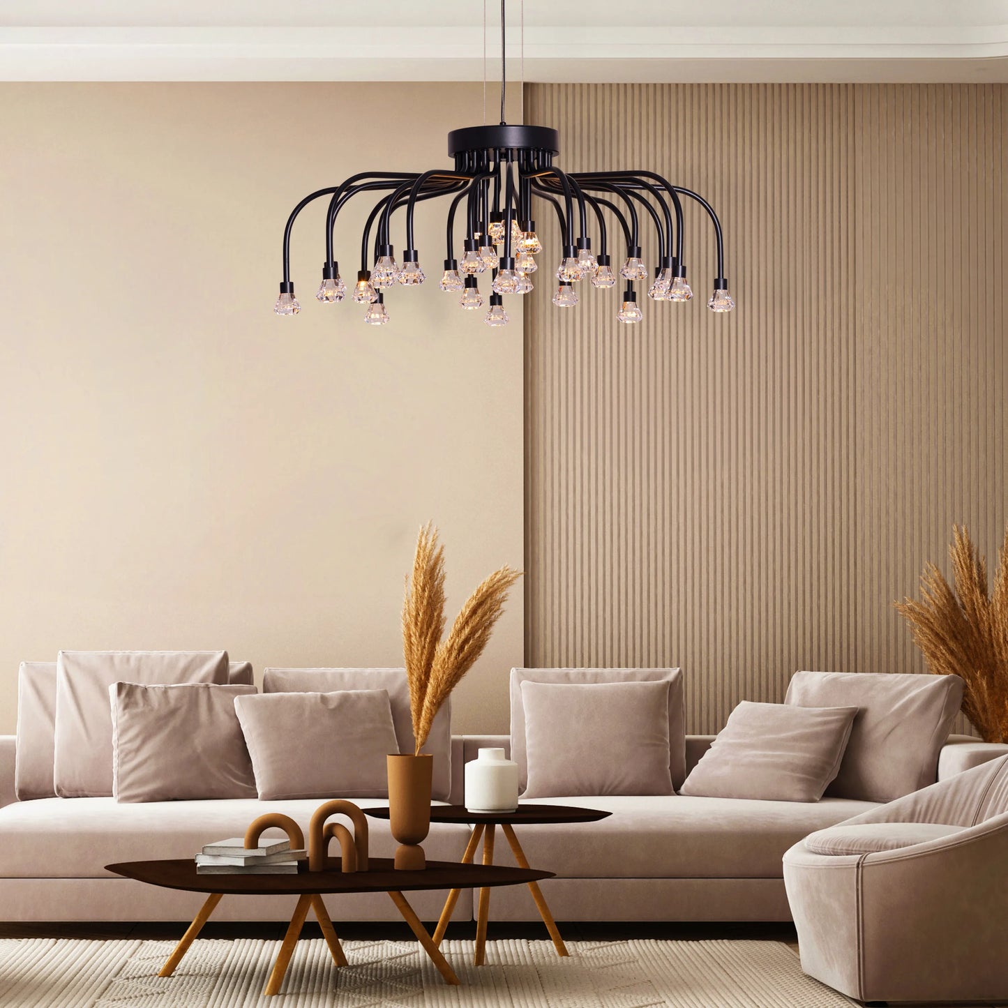 Queen Of Chaos black chandelier with built-in LED lighting.