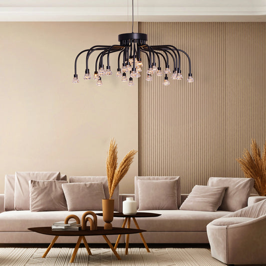 Queen Of Chaos black chandelier with built-in LED lighting.